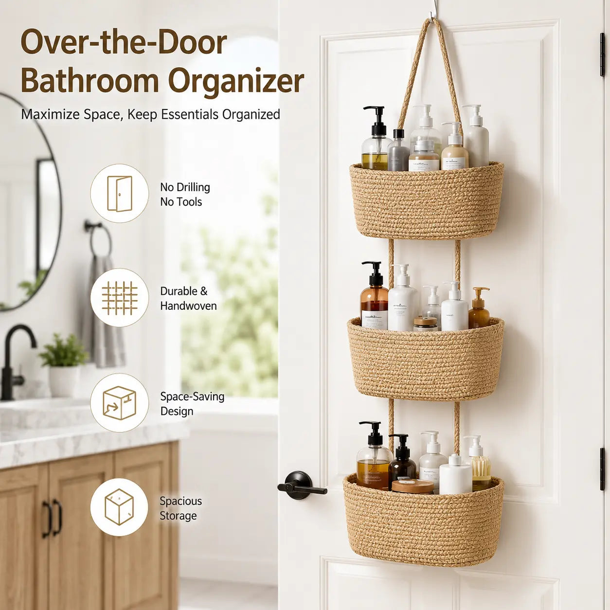 【Free Ship】Woven Cotton 3-Tier over the Door Basket, Wall-Mounted Jute Storage Organizer in Bathroom – Decorative Nursery Baskets, Perfect for Busy Mom/Dad to Store Diapers & Toys Small Basket Gift Hook Laundry Basket House Organizers