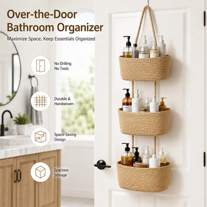 【Free Ship】Woven Cotton 3-Tier over the Door Basket, Wall-Mounted Jute Storage Organizer in Bathroom – Decorative Nursery Baskets, Perfect for Busy Mom/Dad to Store Diapers & Toys Small Basket Gift Hook Laundry Basket House Organizers