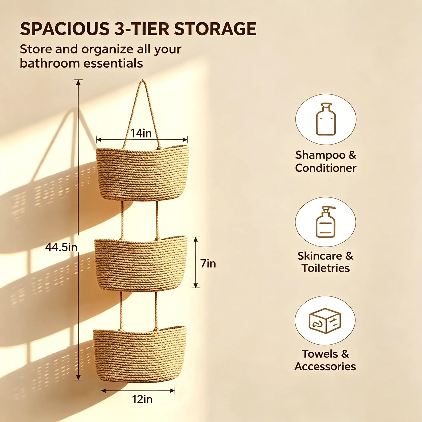 【Free Ship】Woven Cotton 3-Tier over the Door Basket, Wall-Mounted Jute Storage Organizer in Bathroom – Decorative Nursery Baskets, Perfect for Busy Mom/Dad to Store Diapers & Toys Small Basket Gift Hook Laundry Basket House Organizers