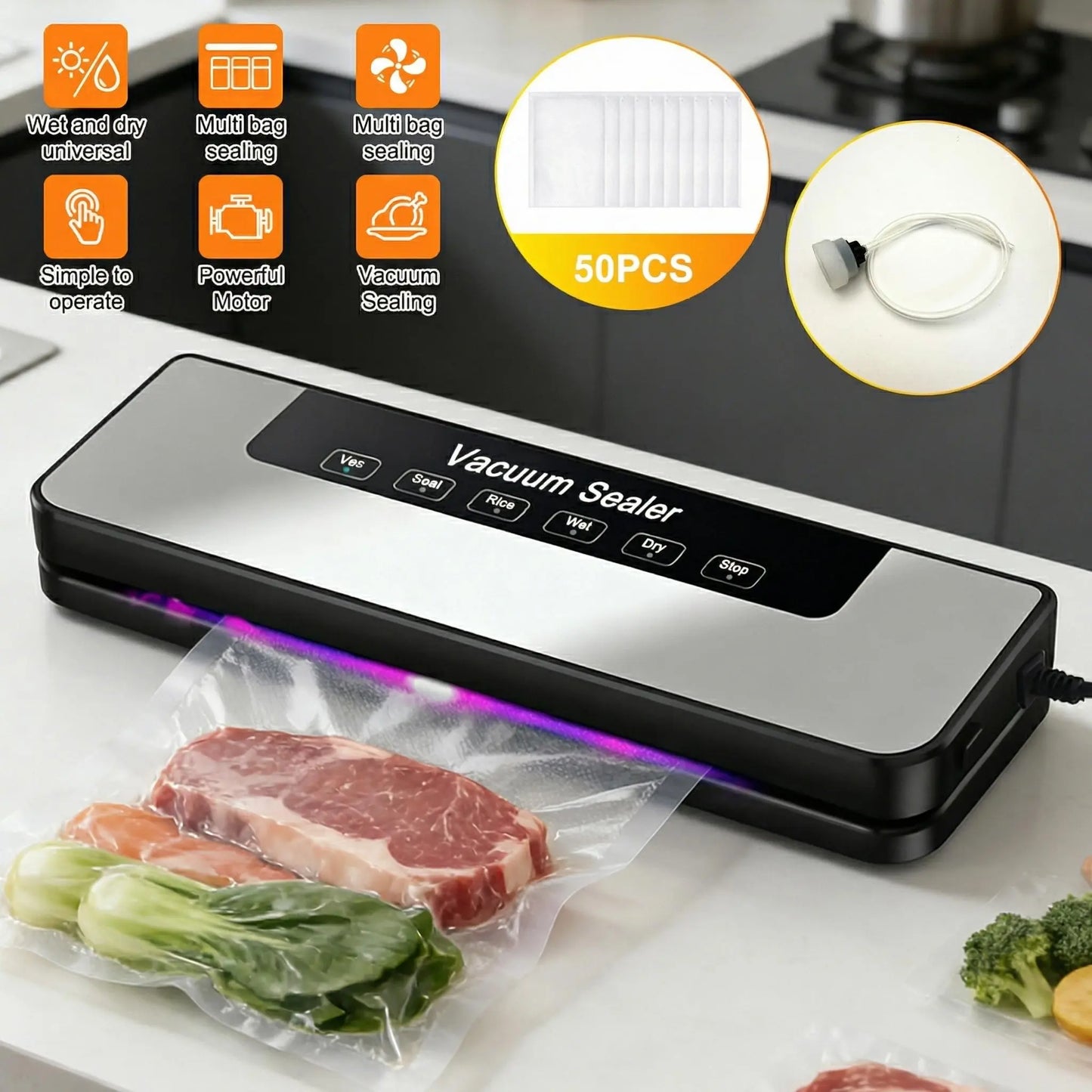 【Fathersdaygift】Vacuum Sealer Kit 65Kpa, Includes 50 Vacuum Sealing Bags, Features Dual Dry/Wet Modes, 6-In-1 Sealer Suitable for Storage and Sous Vide Cooking, Automatic Sealing Machine,Extends Food Freshness by 5 Times, a Modern Vacuum Sealing Device