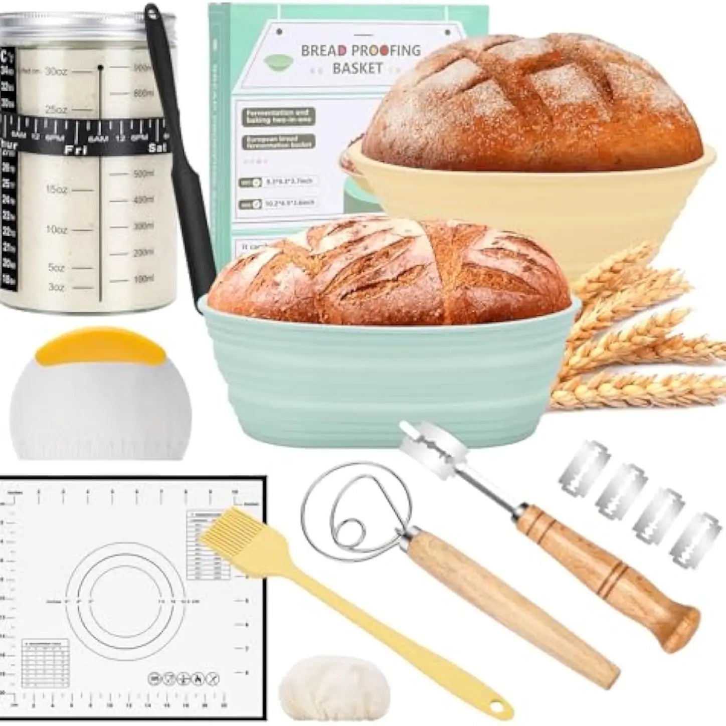 Bread Starter Jar, 34OZ Sourdough Starter Jar Kit-24Pcs Kits for Homemade with 2 Proofing Baskets, Dough Whisk Scrapers, Bread Lame and Stencils