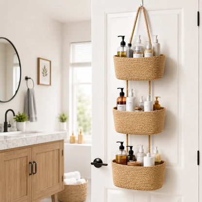 【Free Ship】Woven Cotton 3-Tier over the Door Basket, Wall-Mounted Jute Storage Organizer in Bathroom – Decorative Nursery Baskets, Perfect for Busy Mom/Dad to Store Diapers & Toys Small Basket Gift Hook Laundry Basket House Organizers