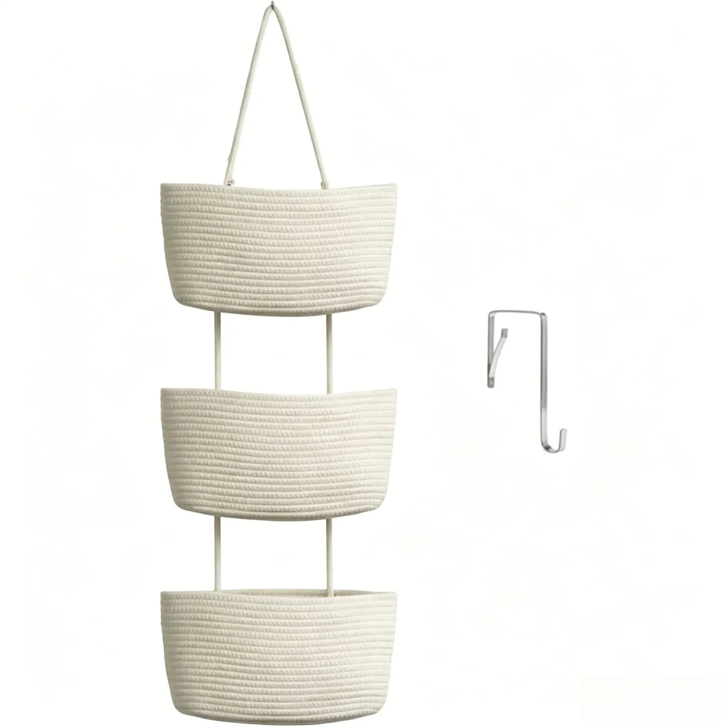 【Free Ship】Woven Cotton 3-Tier over the Door Basket, Wall-Mounted Jute Storage Organizer in Bathroom – Decorative Nursery Baskets, Perfect for Busy Mom/Dad to Store Diapers & Toys Small Basket Gift Hook Laundry Basket House Organizers