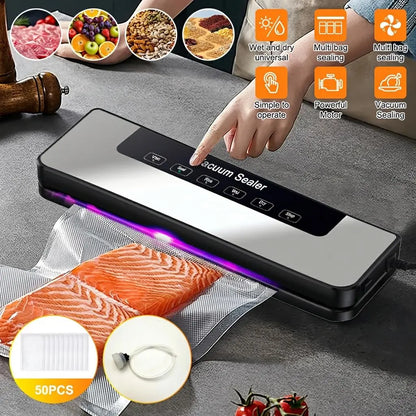 【Fathersdaygift】Vacuum Sealer Kit 65Kpa, Includes 50 Vacuum Sealing Bags, Features Dual Dry/Wet Modes, 6-In-1 Sealer Suitable for Storage and Sous Vide Cooking, Automatic Sealing Machine,Extends Food Freshness by 5 Times, a Modern Vacuum Sealing Device