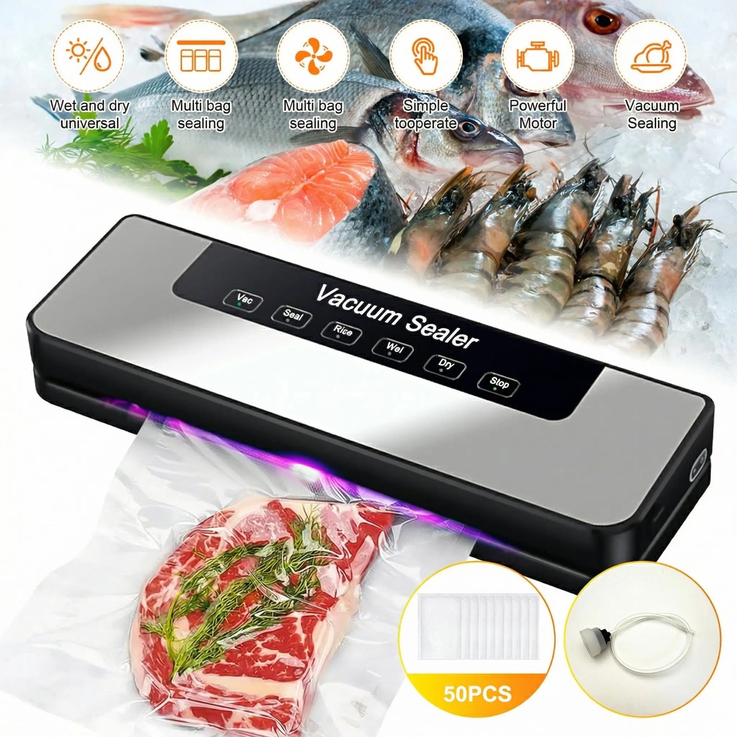 【Fathersdaygift】Vacuum Sealer Kit 65Kpa, Includes 50 Vacuum Sealing Bags, Features Dual Dry/Wet Modes, 6-In-1 Sealer Suitable for Storage and Sous Vide Cooking, Automatic Sealing Machine,Extends Food Freshness by 5 Times, a Modern Vacuum Sealing Device