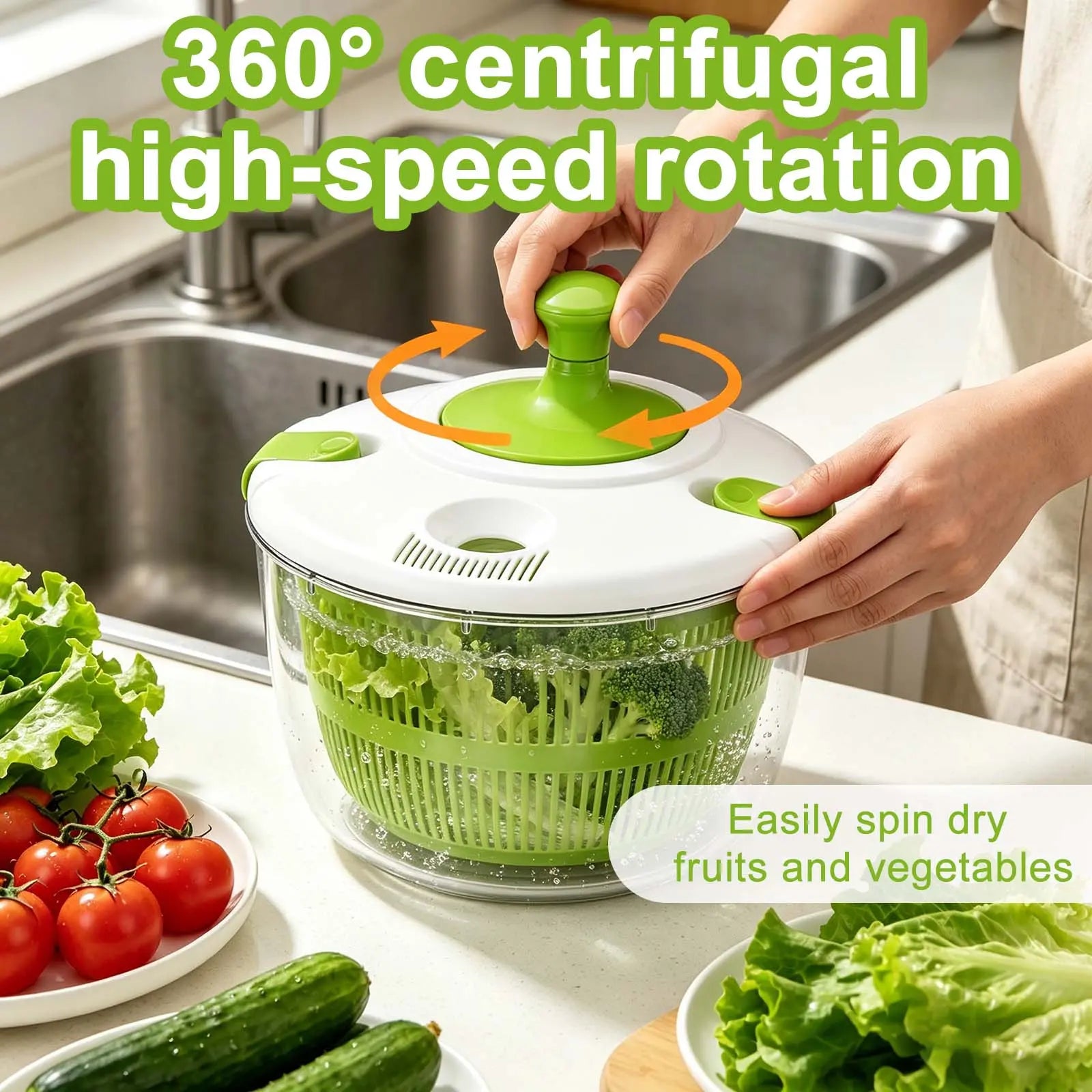 Salad Spinner 5L with Bowl & Colander, Manual Lettuce Spinner & Vegetable Dryer, Multi-Use Fruit and Vegetable Washer, Produce Dryer Strainer, Pasta & Fries Spinner for Kitchen Meal Prep and Salad Making Utensils Basket Plastic Multifunction Sturdy