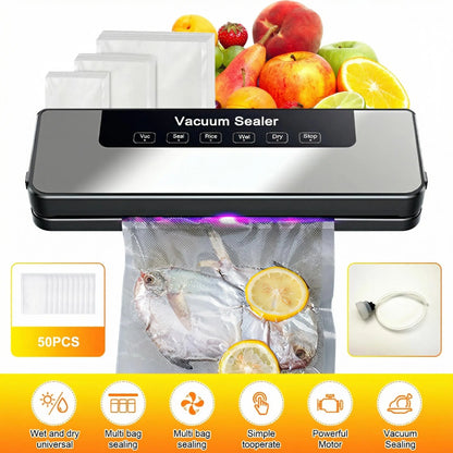 【Fathersdaygift】Vacuum Sealer Kit 65Kpa, Includes 50 Vacuum Sealing Bags, Features Dual Dry/Wet Modes, 6-In-1 Sealer Suitable for Storage and Sous Vide Cooking, Automatic Sealing Machine,Extends Food Freshness by 5 Times, a Modern Vacuum Sealing Device