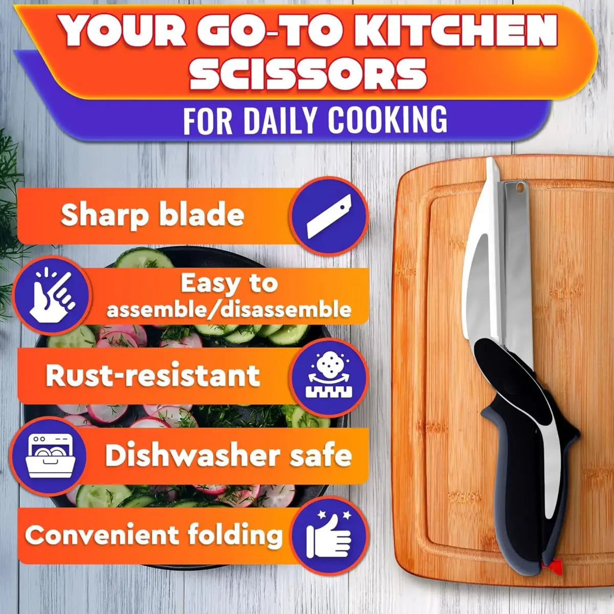 2 in 1 Kitchen Scissors for Food – Stainless Steel Blade & Plastic Cutting Board Scissors with Safety Lock | 9.6" Tomato Knife, Fruit & Vegetable Cutter – Easy-To-Use Kitchen Shears for Meat, Cheese