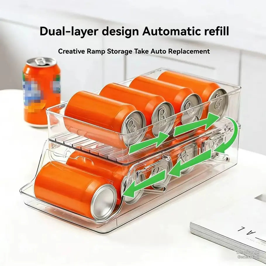 Kitchen Drawer Refrigerator Can Organizer, Dual Layer Rolling Foldable Automatic Storage Box, Beer Soda Beverage Holder, Space-Saving Solution, Refrigerator Accessories