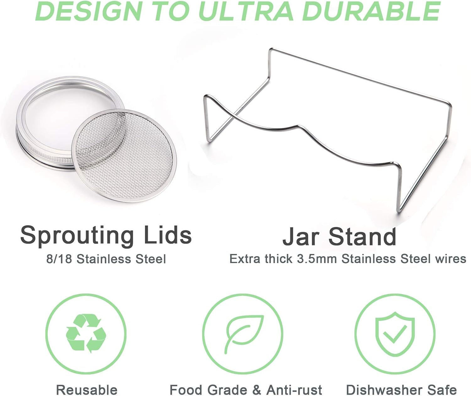 Sprouting Jar Kit-2 Wide Mouth Quart Mason Jars with 316 Stainless Steel Screen Sprout Lids, Drip Tray, Stand | Seed Sprouter Set for Growing Broccoli, Alfalfa, Mung Bean
