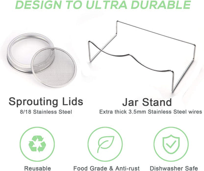 Sprouting Jar Kit-2 Wide Mouth Quart Mason Jars with 316 Stainless Steel Screen Sprout Lids, Drip Tray, Stand | Seed Sprouter Set for Growing Broccoli, Alfalfa, Mung Bean