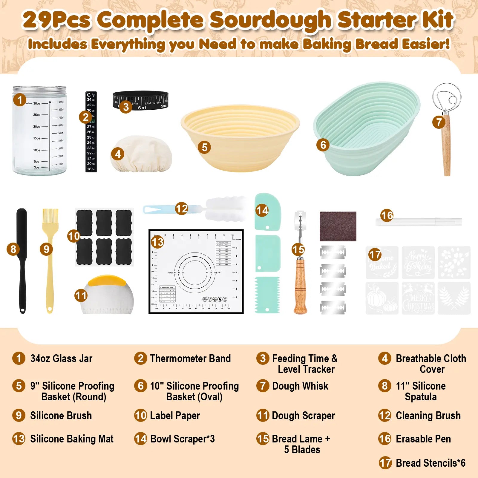 Bread Starter Jar, 34OZ Sourdough Starter Jar Kit-24Pcs Kits for Homemade with 2 Proofing Baskets, Dough Whisk Scrapers, Bread Lame and Stencils