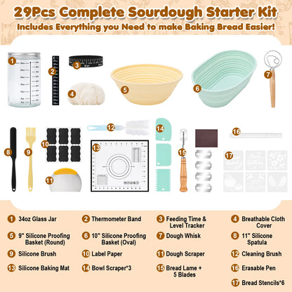 Bread Starter Jar, 34OZ Sourdough Starter Jar Kit-24Pcs Kits for Homemade with 2 Proofing Baskets, Dough Whisk Scrapers, Bread Lame and Stencils
