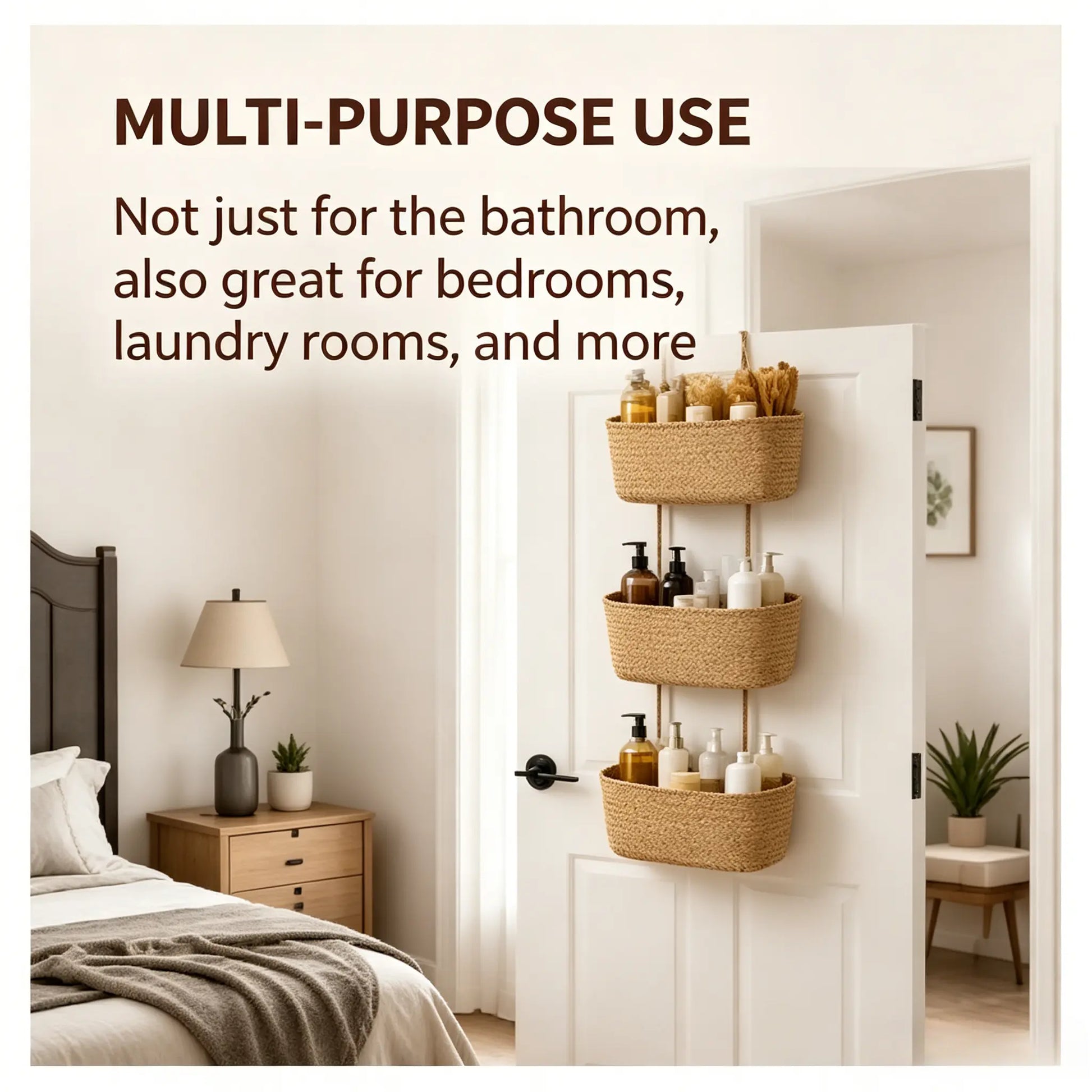 【Free Ship】Woven Cotton 3-Tier over the Door Basket, Wall-Mounted Jute Storage Organizer in Bathroom – Decorative Nursery Baskets, Perfect for Busy Mom/Dad to Store Diapers & Toys Small Basket Gift Hook Laundry Basket House Organizers