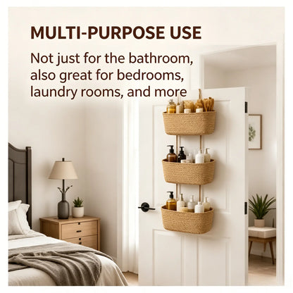 【Free Ship】Woven Cotton 3-Tier over the Door Basket, Wall-Mounted Jute Storage Organizer in Bathroom – Decorative Nursery Baskets, Perfect for Busy Mom/Dad to Store Diapers & Toys Small Basket Gift Hook Laundry Basket House Organizers
