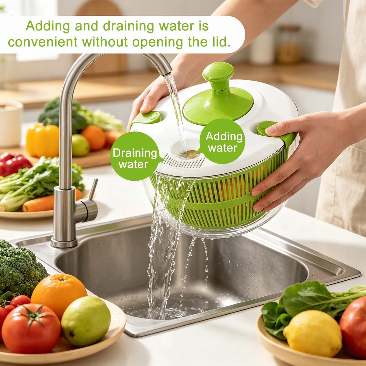 Salad Spinner 5L with Bowl & Colander, Manual Lettuce Spinner & Vegetable Dryer, Multi-Use Fruit and Vegetable Washer, Produce Dryer Strainer, Pasta & Fries Spinner for Kitchen Meal Prep and Salad Making Utensils Basket Plastic Multifunction Sturdy