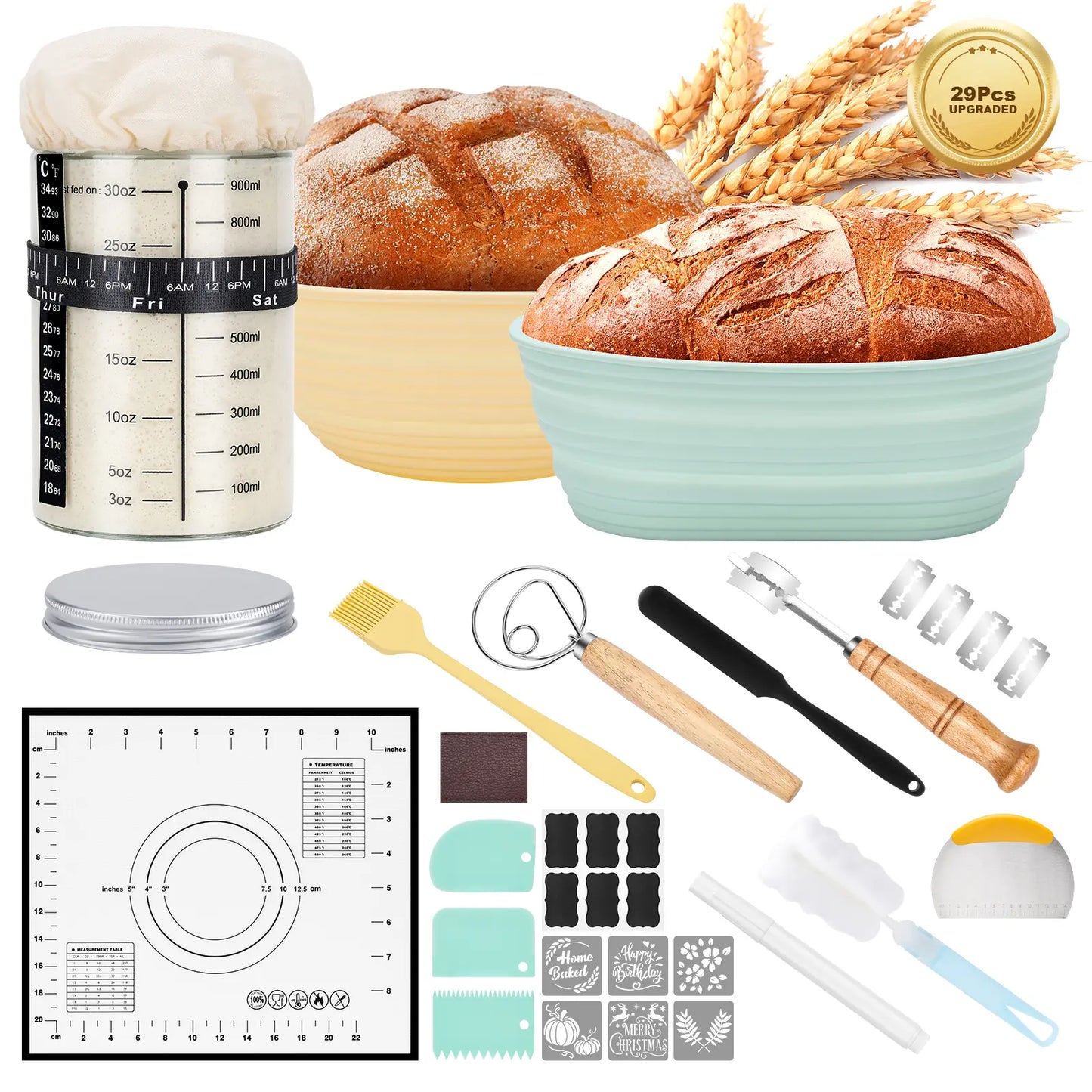 Bread Starter Jar, 34OZ Sourdough Starter Jar Kit-24Pcs Kits for Homemade with 2 Proofing Baskets, Dough Whisk Scrapers, Bread Lame and Stencils